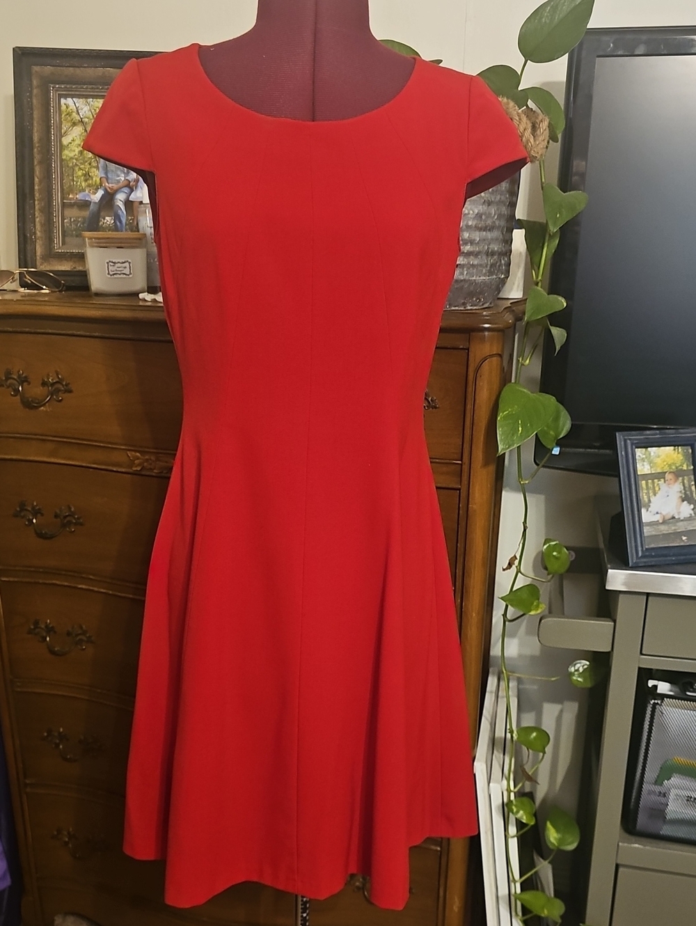 Elegant Red Cap-Sleeve Fit & Flare  Dress
